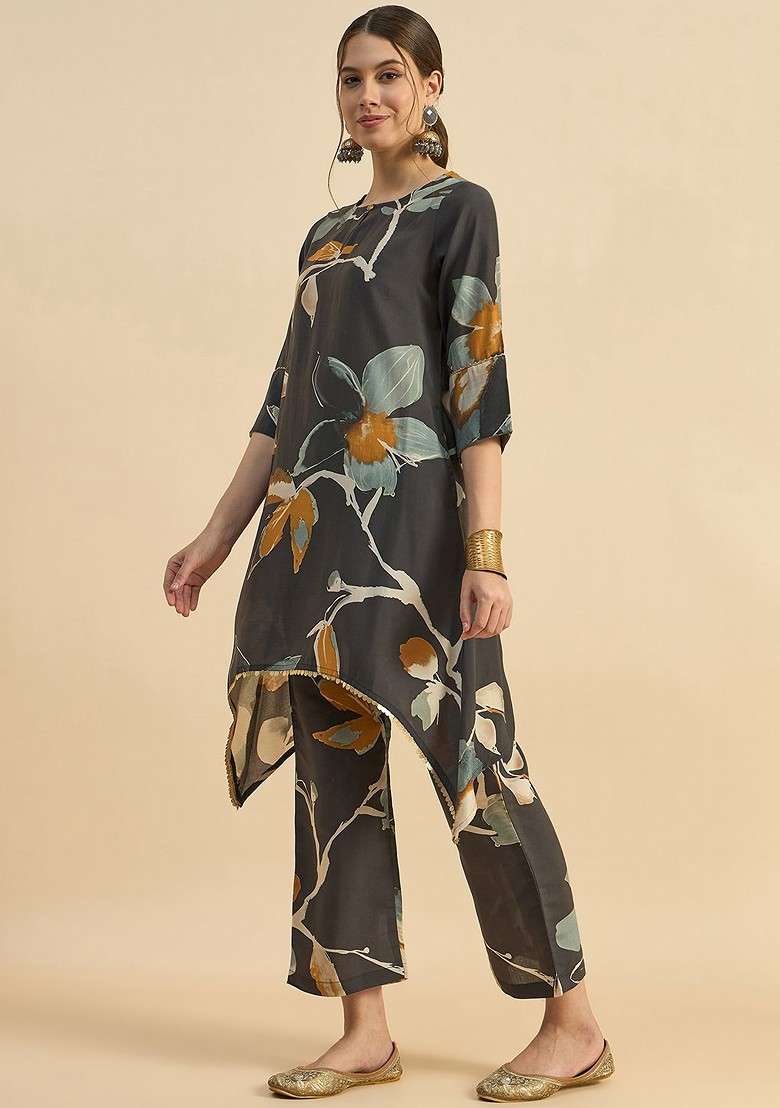 Grey Floral Printed Keyhole Neck Gotta Patti Tunic With Trousers - Indya