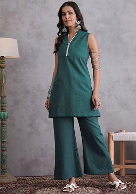 Green Mandarin Collar Cotton Tunic And Trouser