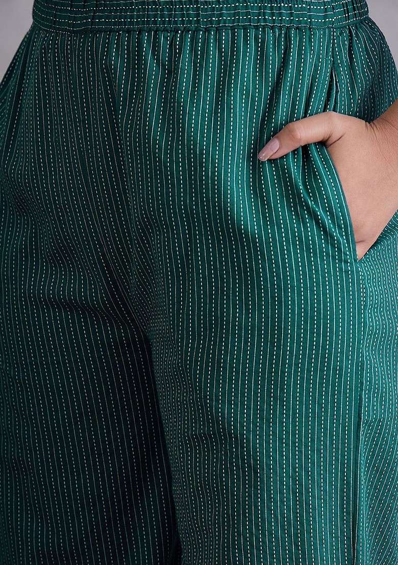 Green Mandarin Collar Cotton Tunic And Trouser - Indya
