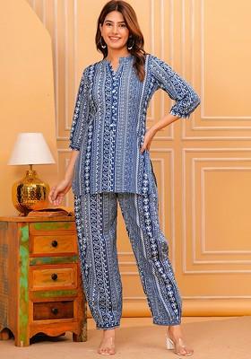 Blue Printed Pure Cotton Tunic With Trousers Coords