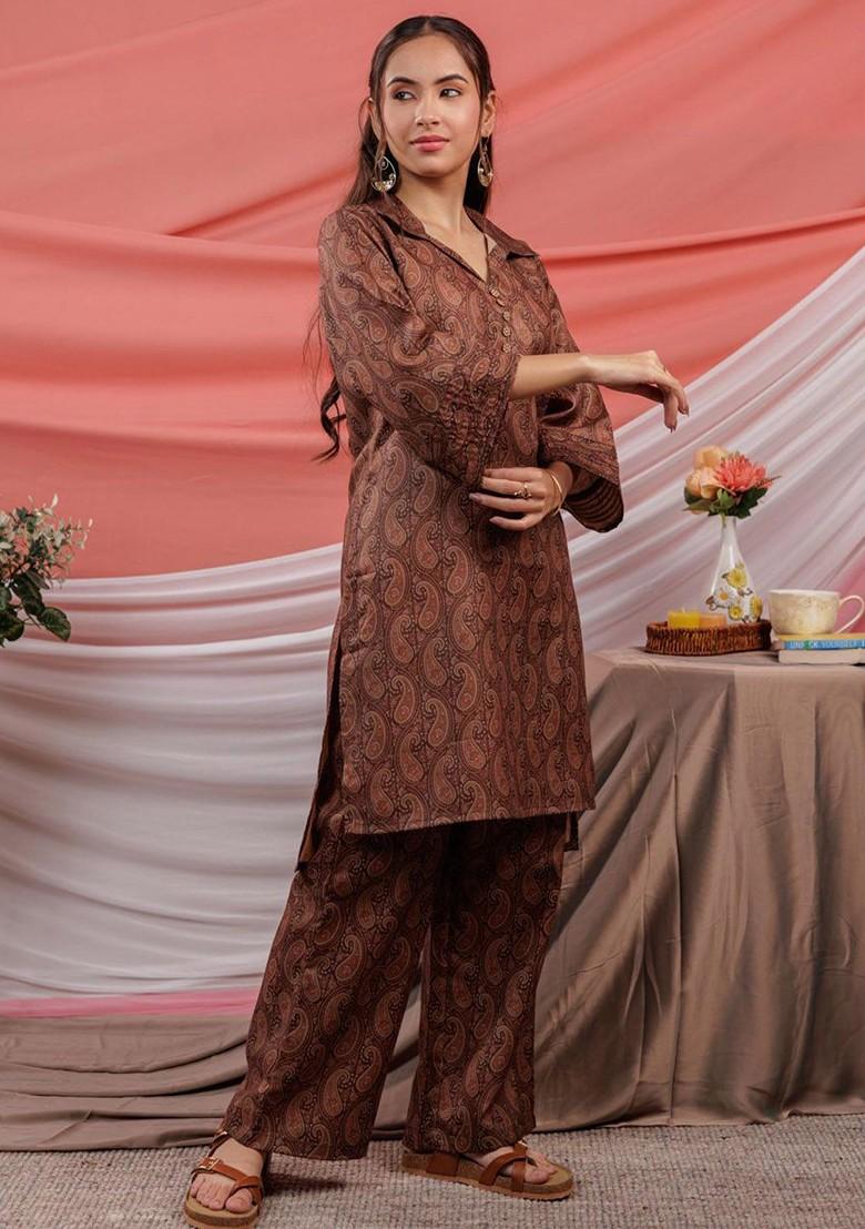 Brown Paisley Printed Shirt Collar Pure Cotton Tunic With Palazzos