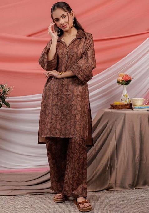 Brown Paisley Printed Shirt Collar Pure Cotton Tunic With Palazzos