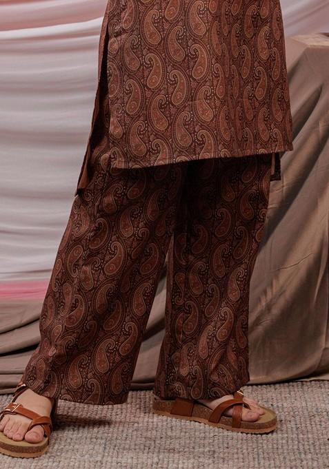 Brown Paisley Printed Shirt Collar Pure Cotton Tunic With Palazzos
