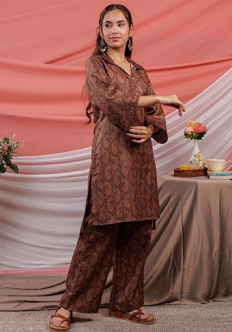 Brown Paisley Printed Shirt Collar Pure Cotton Tunic With Palazzos