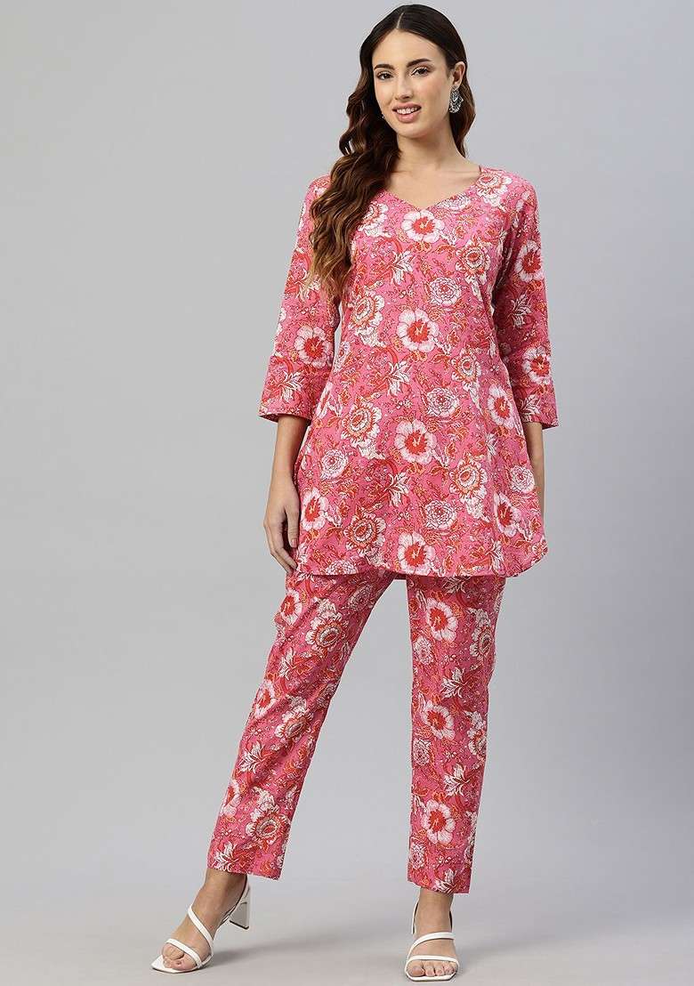 Pink Floral Printed Pure Cotton Coords - Indya