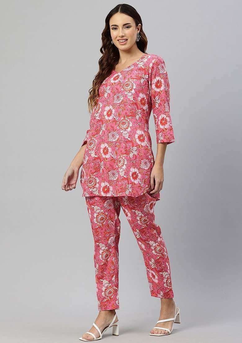 Pink Floral Printed Pure Cotton Coords - Indya