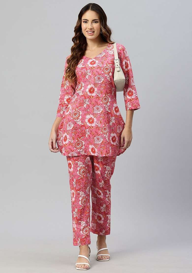 Pink Floral Printed Pure Cotton Coords - Indya