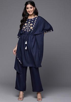 Navy Blue Embroidered Pure Cotton Tunic With Trousers Coords
