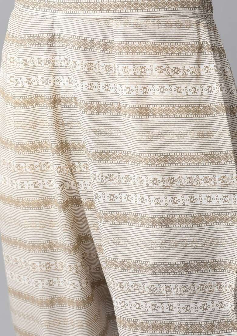 Off White Women OffWhite And Beige Printed Pure Cotton Aline Top With Trousers - Indya
