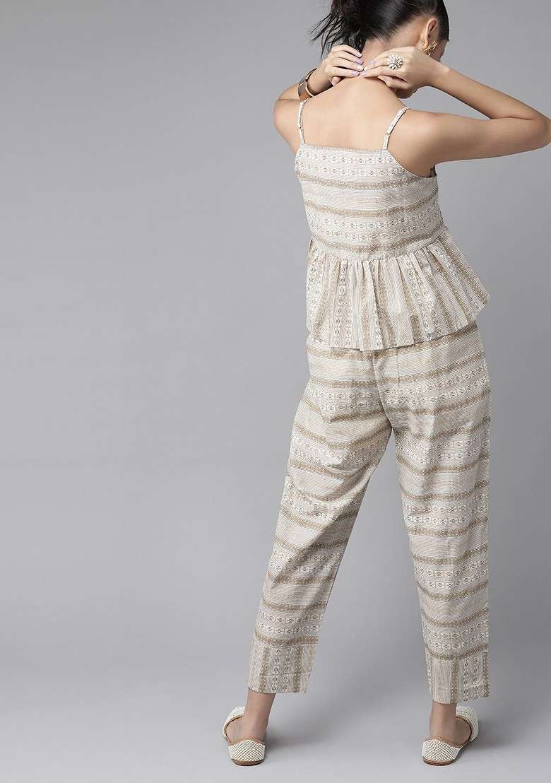 Off White Women OffWhite And Beige Printed Pure Cotton Aline Top With Trousers - Indya