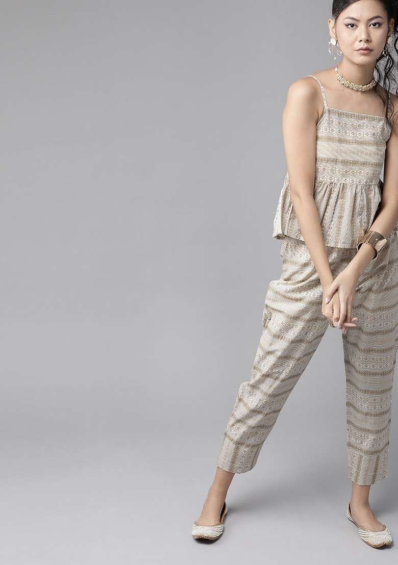 Off White Women OffWhite And Beige Printed Pure Cotton Aline Top With Trousers - Indya