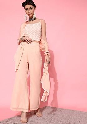 Peach Women Embroidered Cropped Top With Palazzo And Dupatta Coords Set