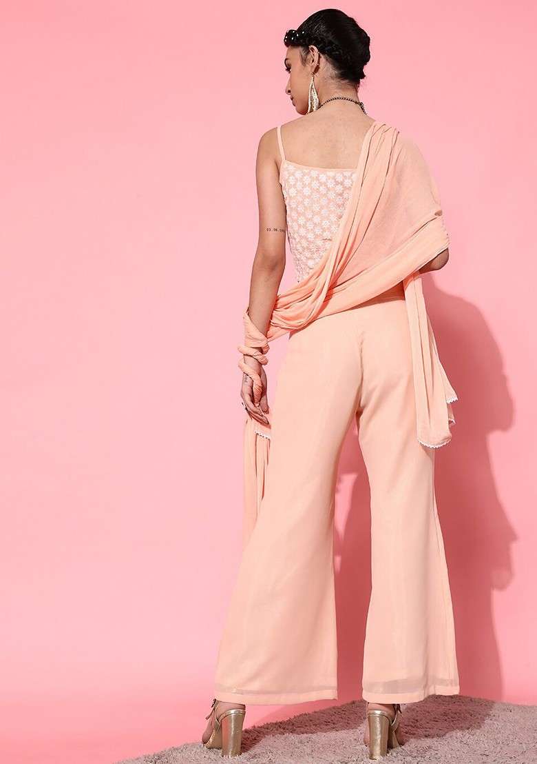 Peach Women Embroidered Cropped Top With Palazzo And Dupatta Coords Set - Indya