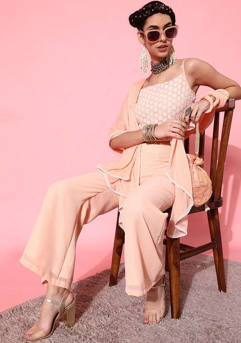 Peach Women Embroidered Cropped Top With Palazzo And Dupatta Coords Set - Indya