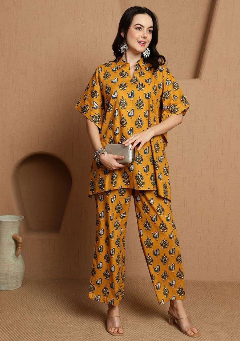 Mustard Women Abstract Printed Kaftan Style Coord Set - Indya