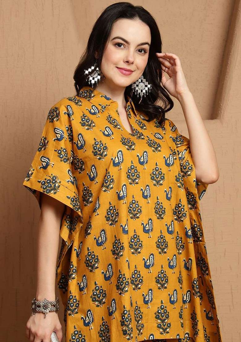Mustard Women Abstract Printed Kaftan Style Coord Set - Indya
