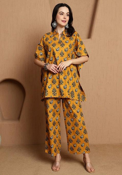 Mustard Women Abstract Printed Kaftan Style Coord Set — view on Indya