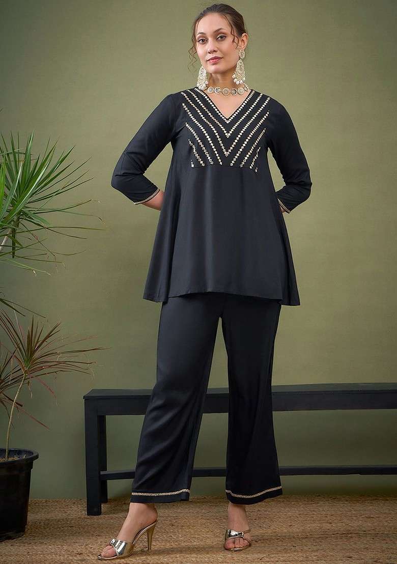 Black Black Embroidered Ethnic Top With Palazzos - Indya