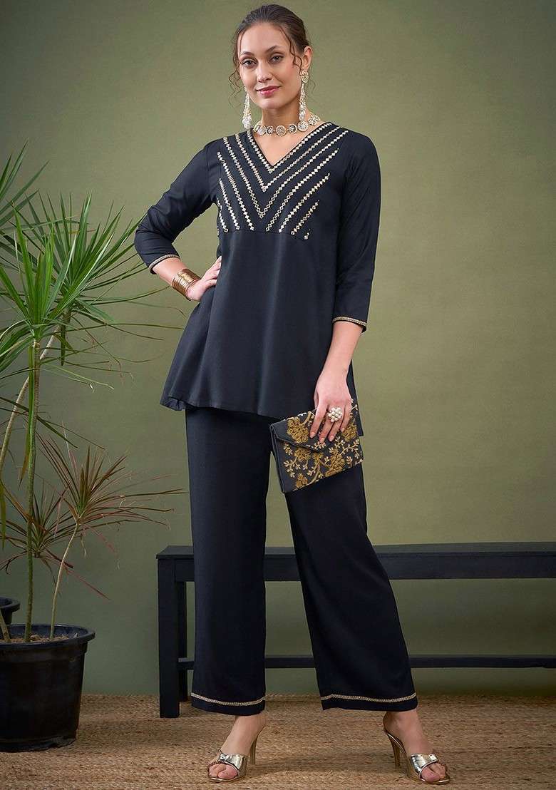 Black Black Embroidered Ethnic Top With Palazzos - Indya