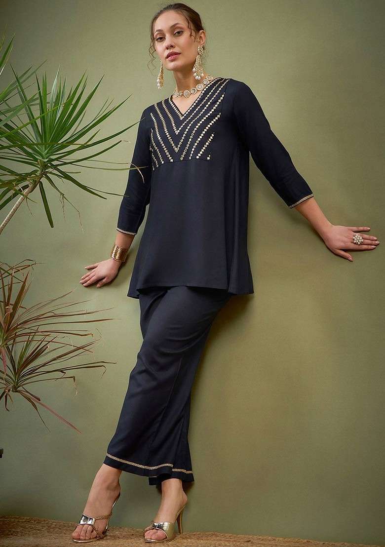 Black Black Embroidered Ethnic Top With Palazzos - Indya