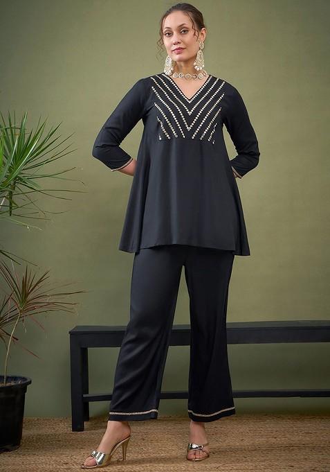 Black Black Embroidered Ethnic Top With Palazzos — view on Indya