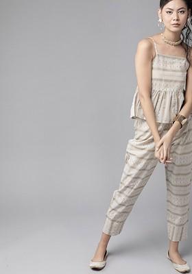 Off White Women Printed Shoulder Straps Pure Cotton Top With Trousers