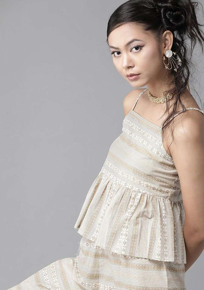 Off White Women Printed Shoulder Straps Pure Cotton Top With Trousers - Indya