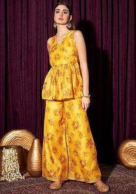Yellow Floral Printed Vneck Top With Palazzos