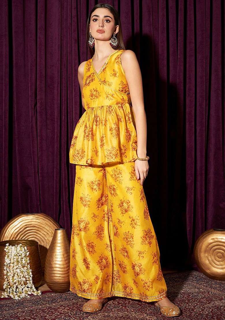 Yellow Floral Printed Vneck Top With Palazzos - Indya