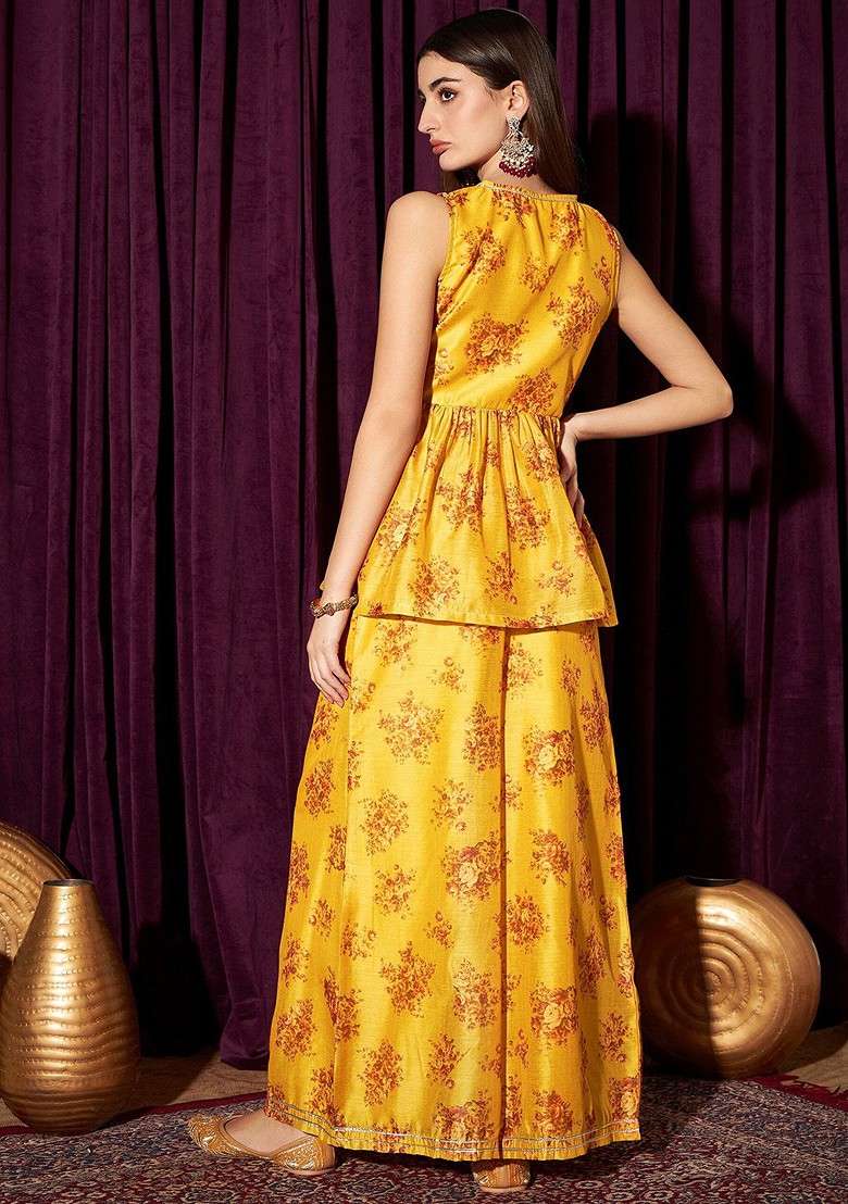 Yellow Floral Printed Vneck Top With Palazzos - Indya