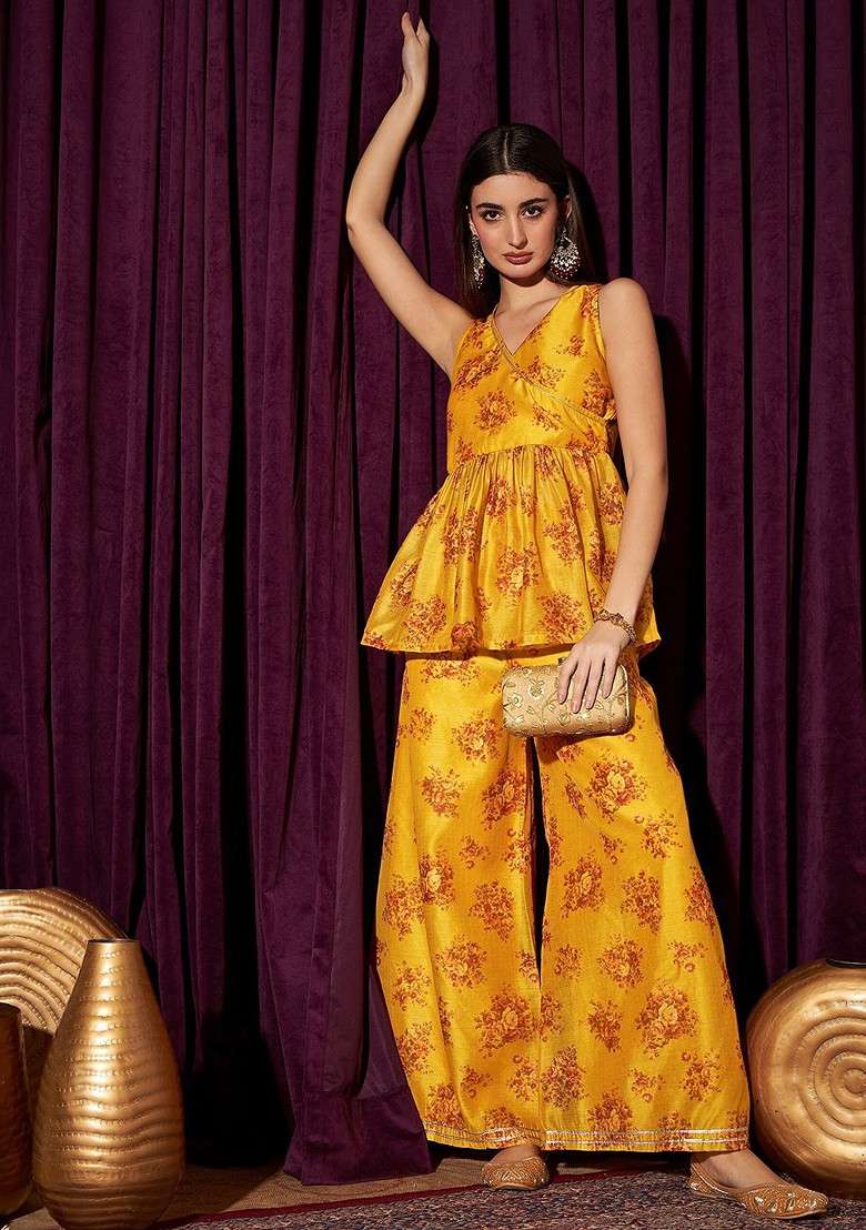 Yellow Floral Printed Vneck Top With Palazzos - Indya
