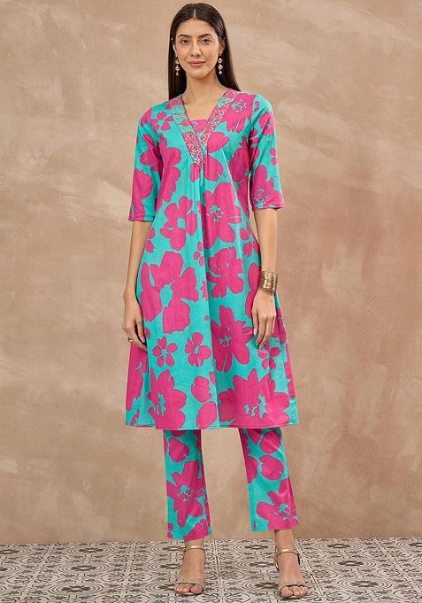 Teal Floral Printed Pure Cotton Vneck Top With Trousers Coords