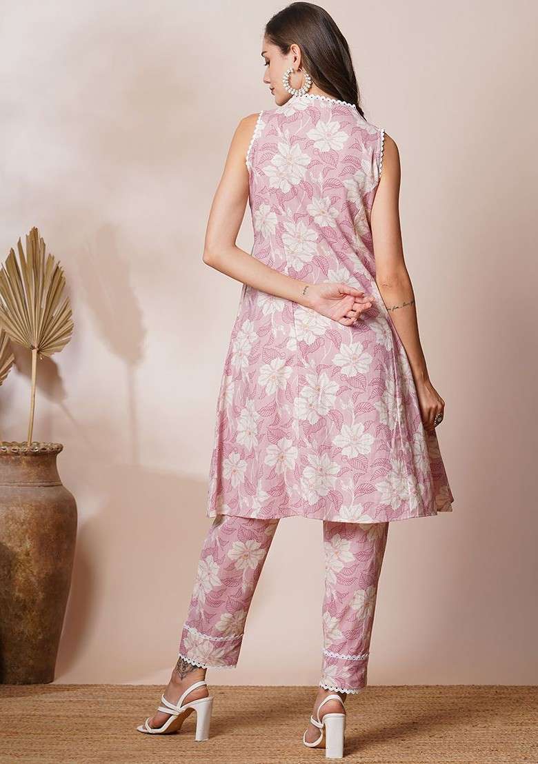 Pink Floral Printed Vneck Tunic And Trousers - Indya