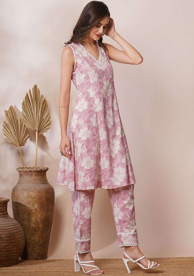 Pink Floral Printed Vneck Tunic And Trousers - Indya