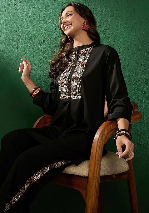 Black Embroidered Mandarin Collar Tunic With Trousers
