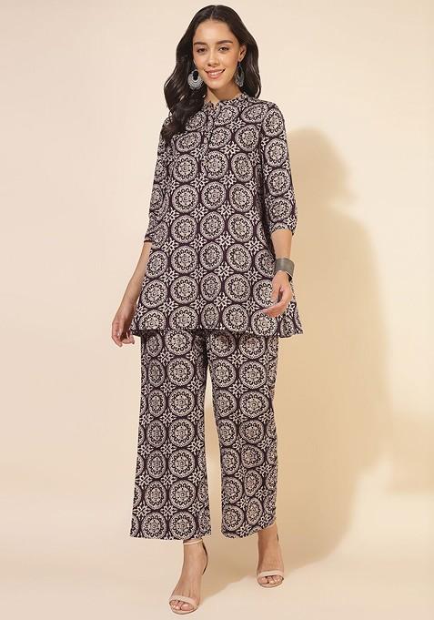 Purple Pure Cotton Ethnic Motifs Printed Tunic And Palazzo Coord Set