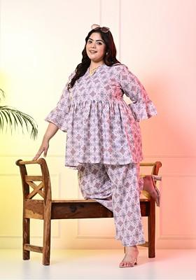 Beige Printed Boat Neck Tunic With Midrise Palazzo Coords