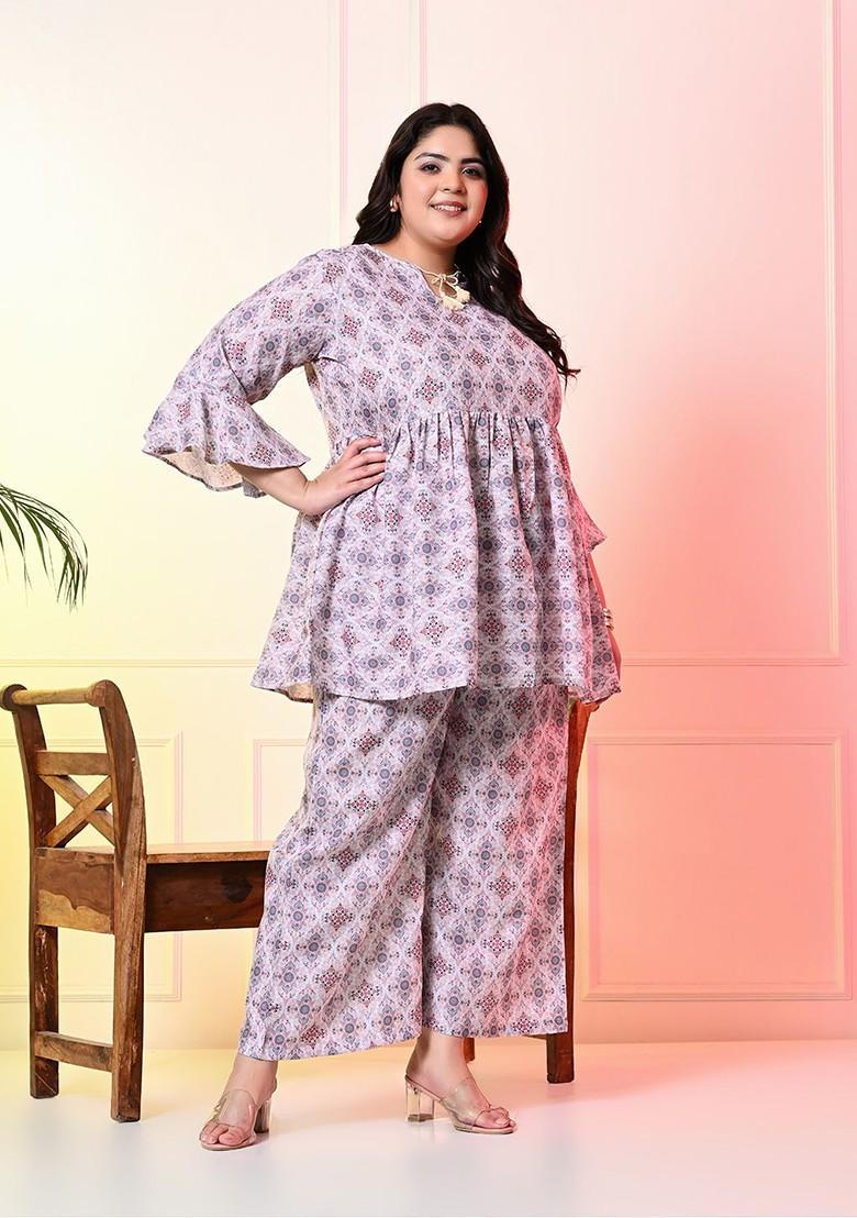 Beige Printed Boat Neck Tunic With Midrise Palazzo Coords - Indya