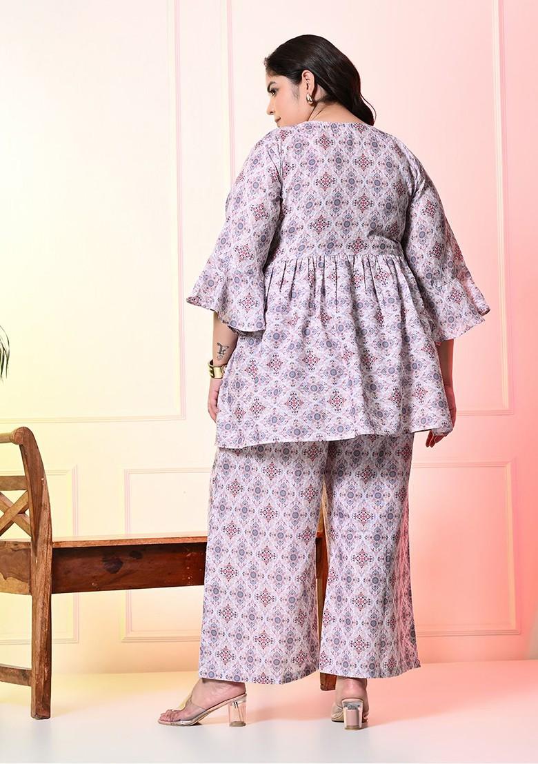 Beige Printed Boat Neck Tunic With Midrise Palazzo Coords - Indya