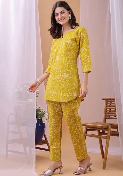 Mustard Printed Vneck Top With Trousers Coords