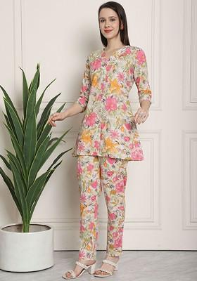 Pink Printed Pure Cotton Tunic With Trouser Coords