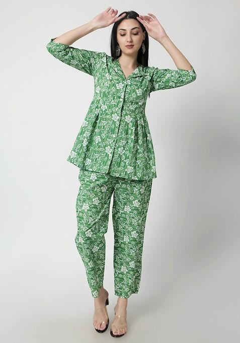 Green Printed Pure Cotton Top With Trousers Coords