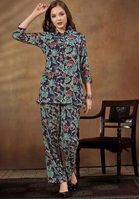 Navy Blue Floral Printed Shirt Collar Top With Trousers