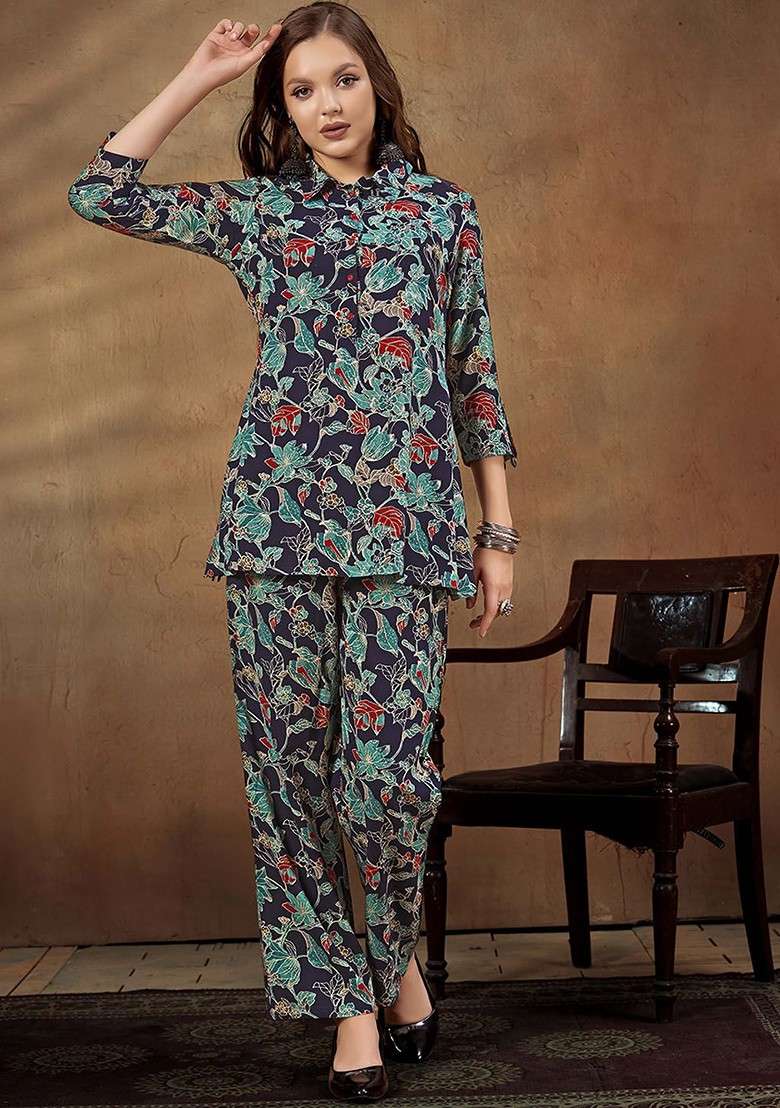 Navy Blue Floral Printed Shirt Collar Top With Trousers - Indya