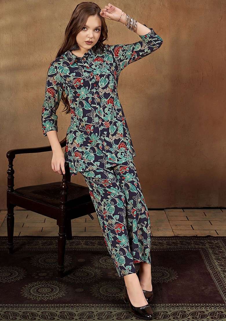 Navy Blue Floral Printed Shirt Collar Top With Trousers - Indya