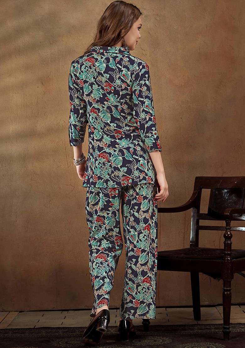 Navy Blue Floral Printed Shirt Collar Top With Trousers - Indya