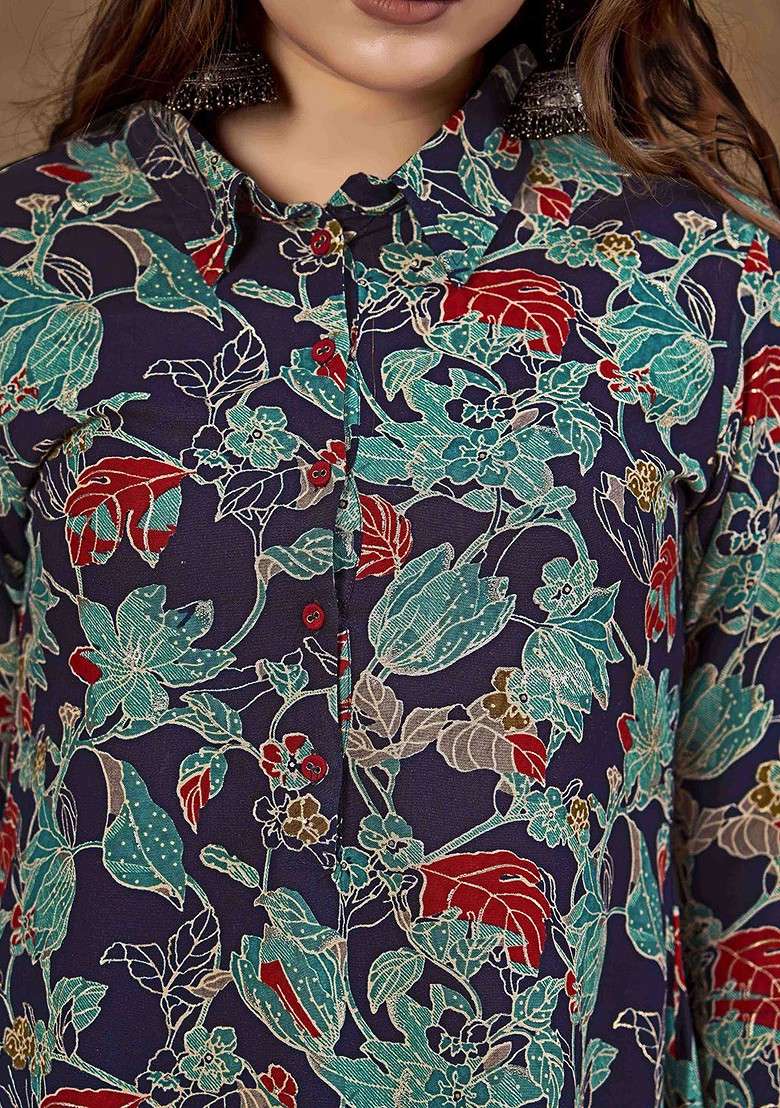 Navy Blue Floral Printed Shirt Collar Top With Trousers - Indya
