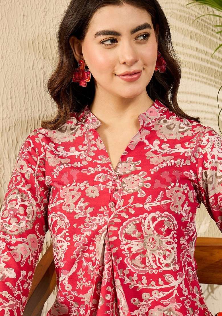 Red Floral Printed Vneck Inverted Box Pleat Tunci With Trousers - Indya