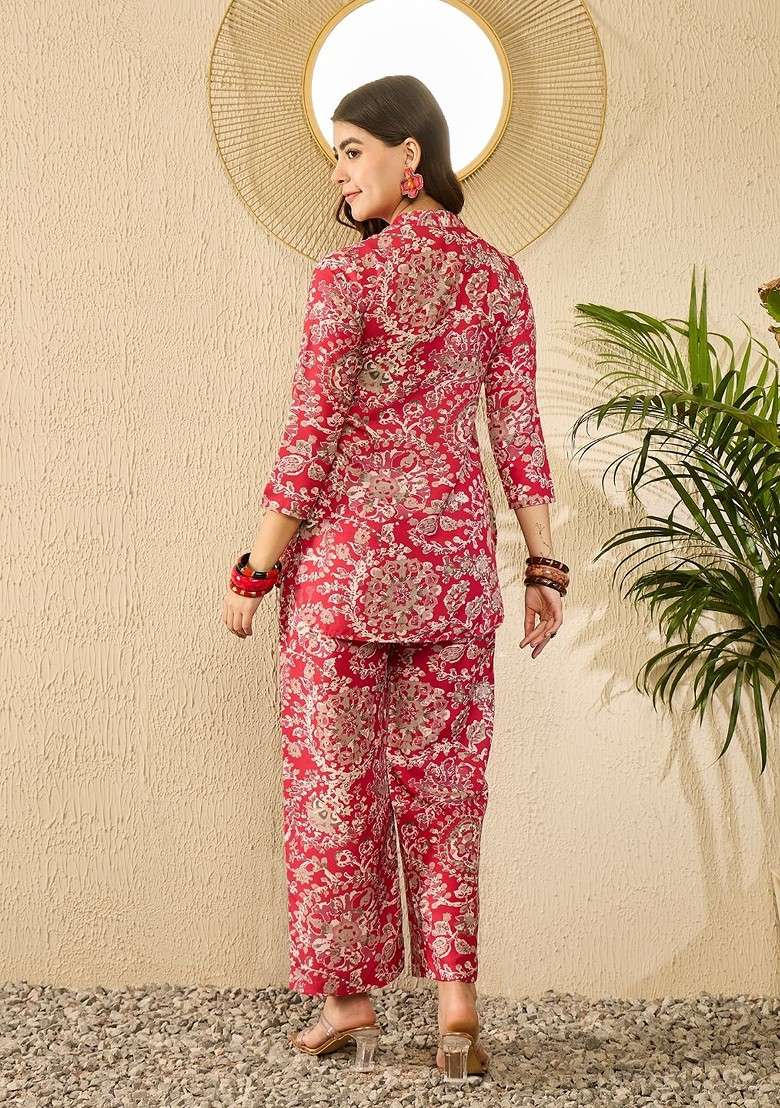 Red Floral Printed Vneck Inverted Box Pleat Tunci With Trousers - Indya