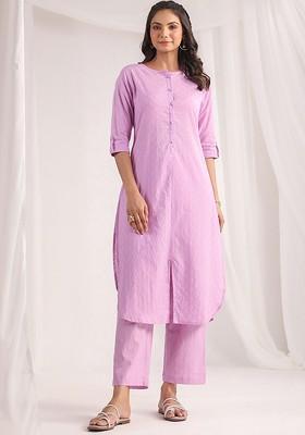 Lavender Self Designed Pure Cotton Kurta And Trouser